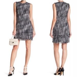 Eliza J Tweed Shift Dress Boucle Fringe Black White Sleeveless Work Classic Sz 8